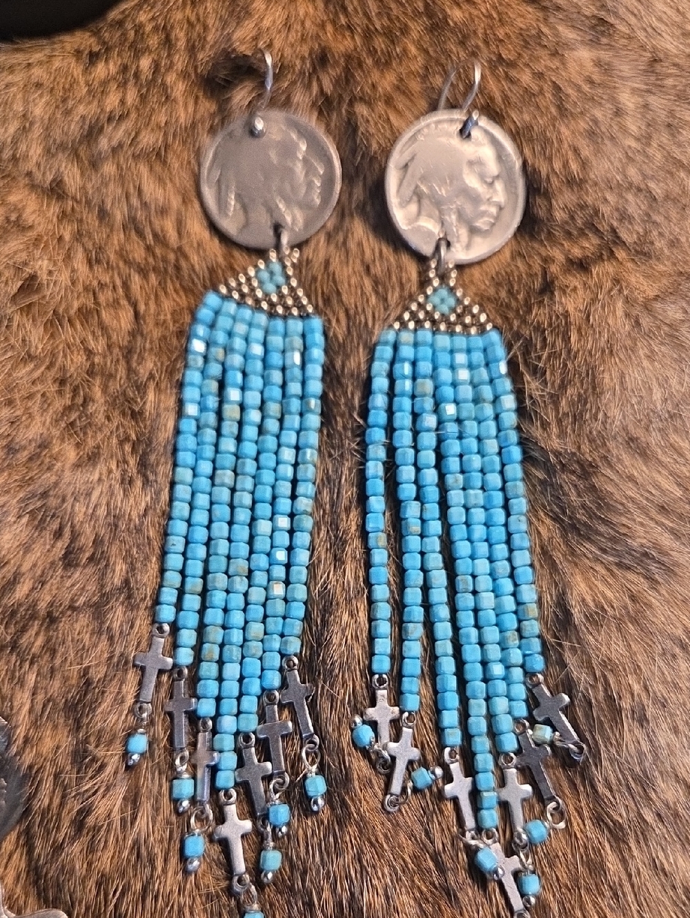 Turquoise Beaded Fringe Cross Coin Earrings - Women Jewelry